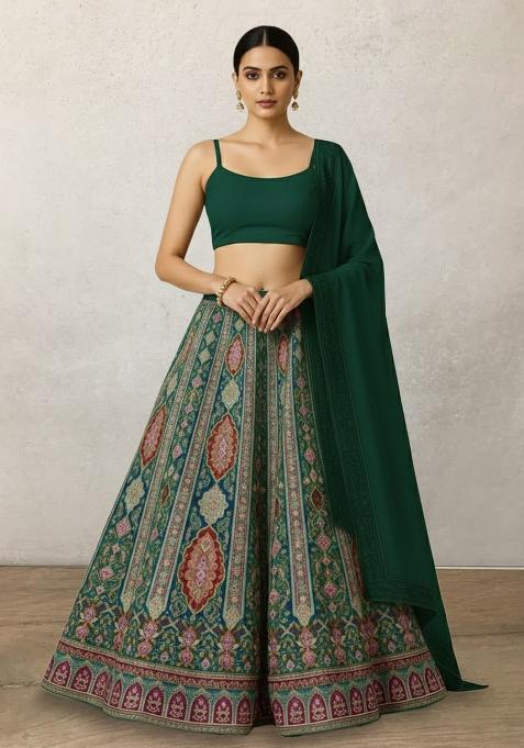 Teal Green Embroidered Crepe Lehenga Set — view on Indya