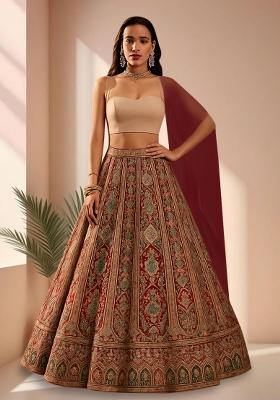 Red Embroidered Crepe Lehenga Set