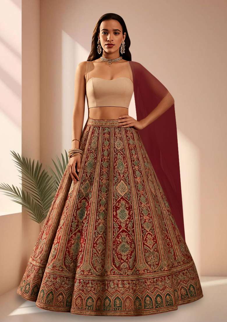 Red Embroidered Crepe Lehenga Set - Indya