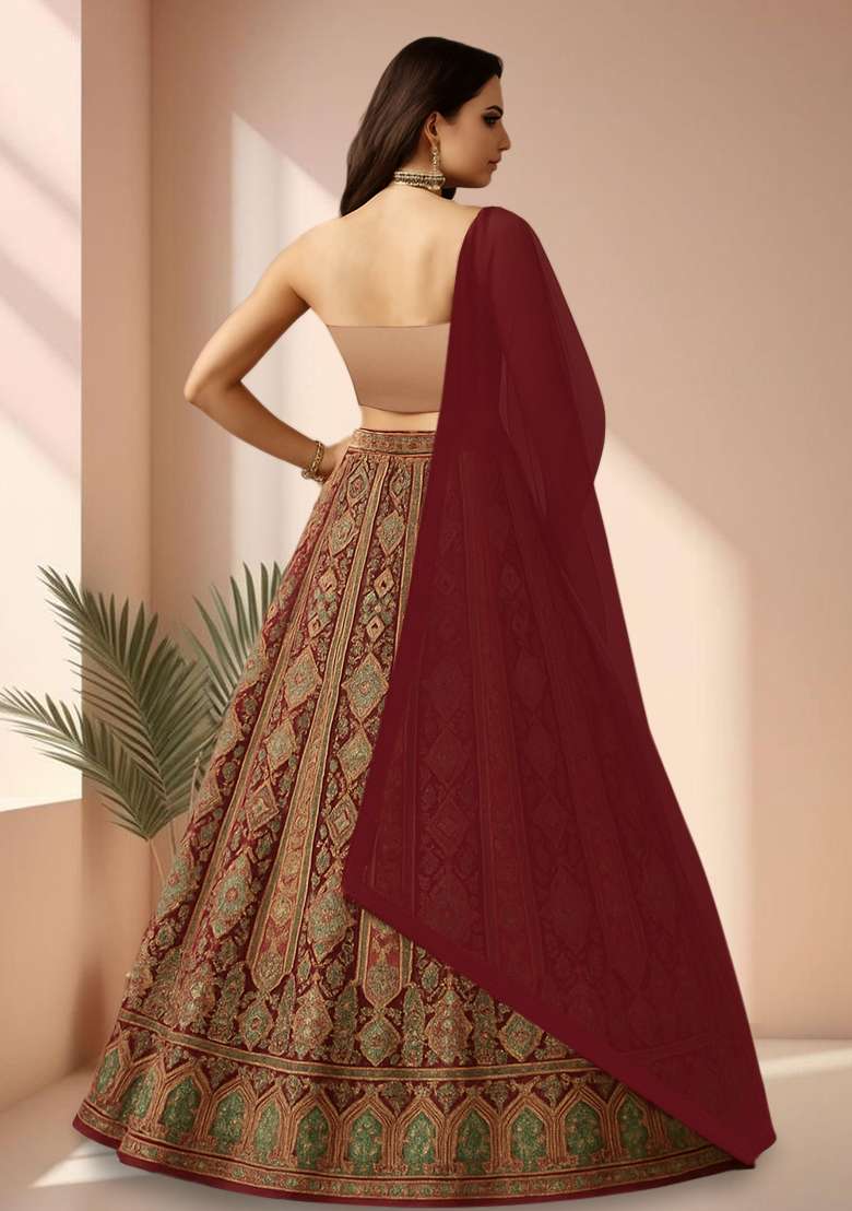 Red Embroidered Crepe Lehenga Set - Indya