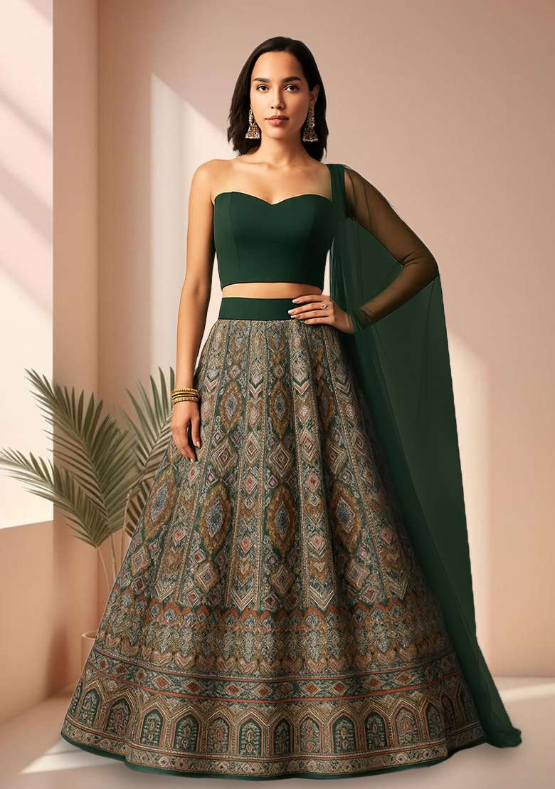 Green Embroidered Crepe Lehenga Set - Indya