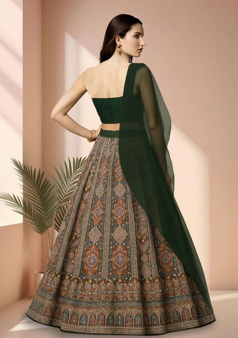 Green Embroidered Crepe Lehenga Set - Indya