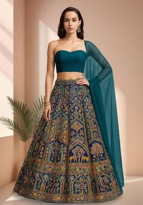 Blue Embroidered Crepe Lehenga Set