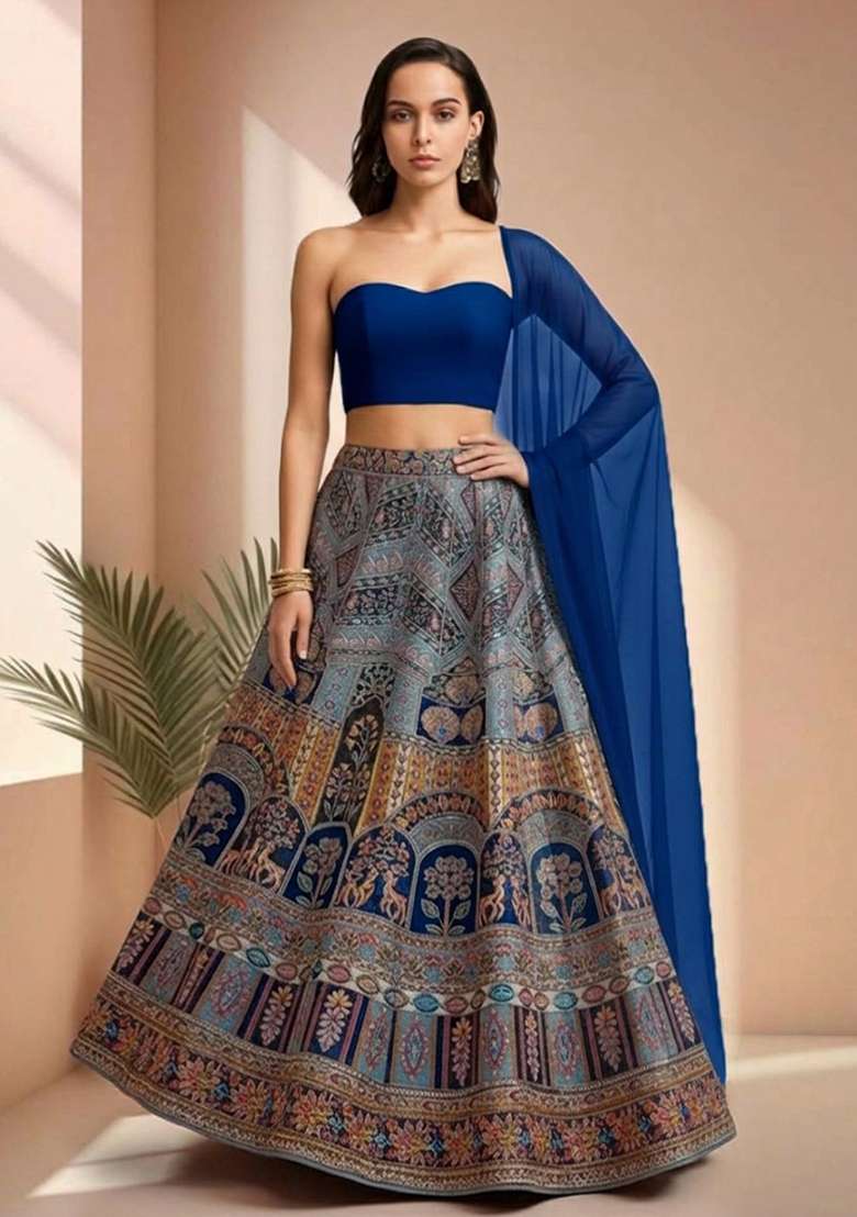 Blue Embroidered Crepe Corset Blouse Lehenga Set - Indya