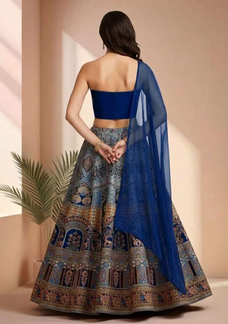 Blue Embroidered Crepe Corset Blouse Lehenga Set - Indya