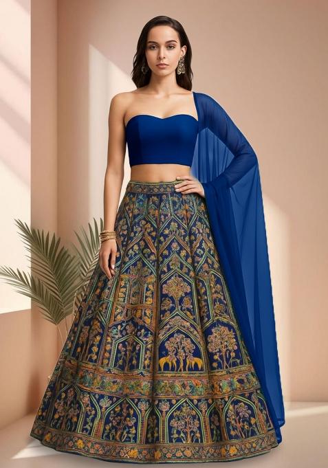 Blue Embroidered Crepe Lehenga Set — view on Indya