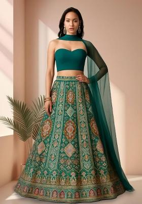 Teal Green Embroidered Crepe Lehenga Set