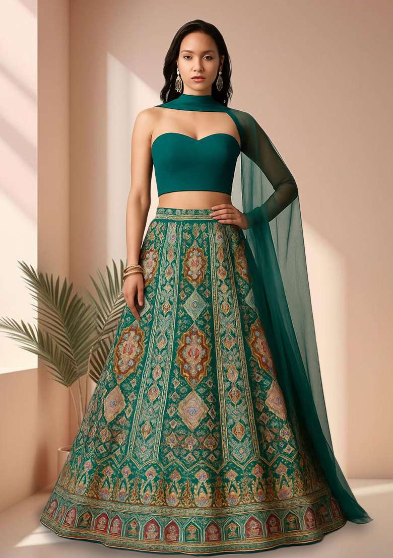 Teal Green Embroidered Crepe Corset Blouse Lehenga Set - Indya