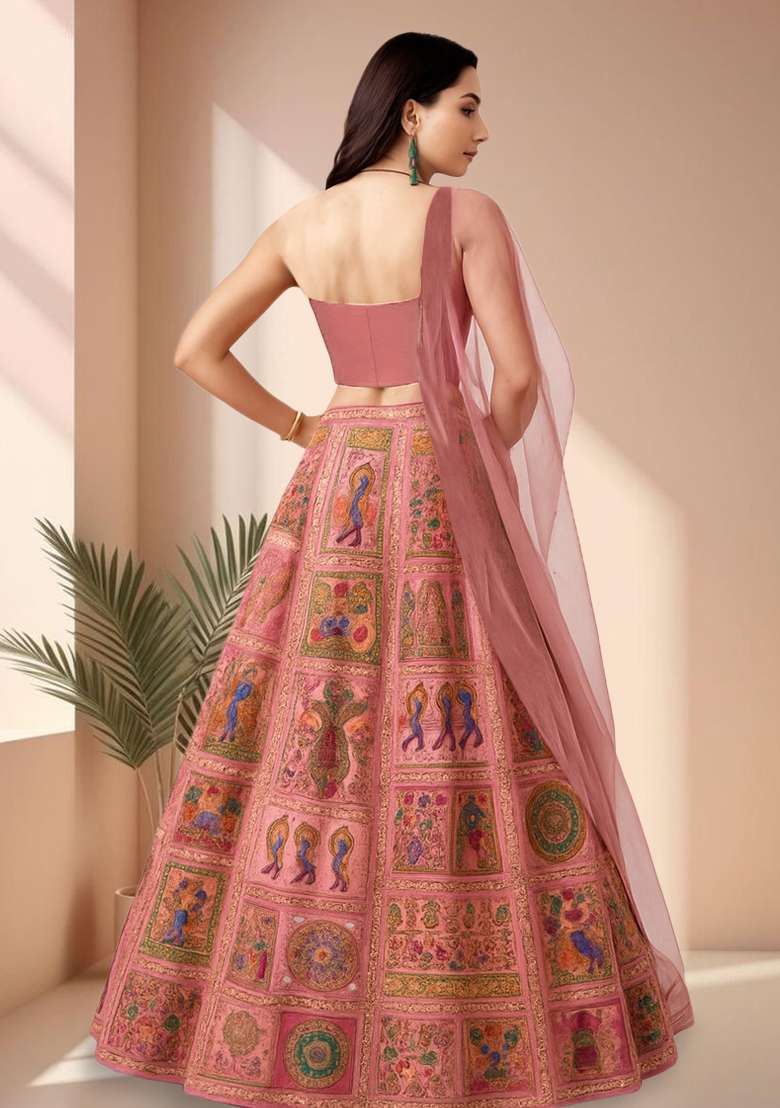 Pink Figure Print Silk Blend Corset Blouse Lehenga Set - Indya