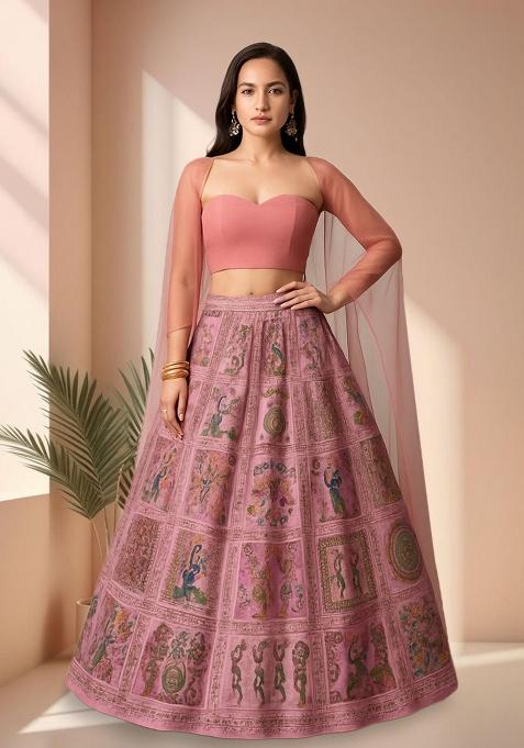 Pink Figure Print Silk Lehenga Set — view on Indya