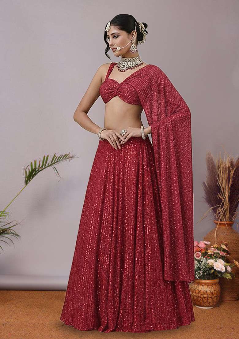 Red Sequin Lurex Lehenga Set for Diwali and Festive Wear - Indya