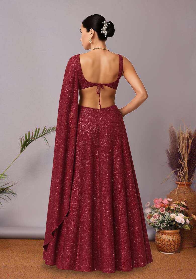 Red Sequin Lurex Lehenga Set for Diwali and Festive Wear - Indya