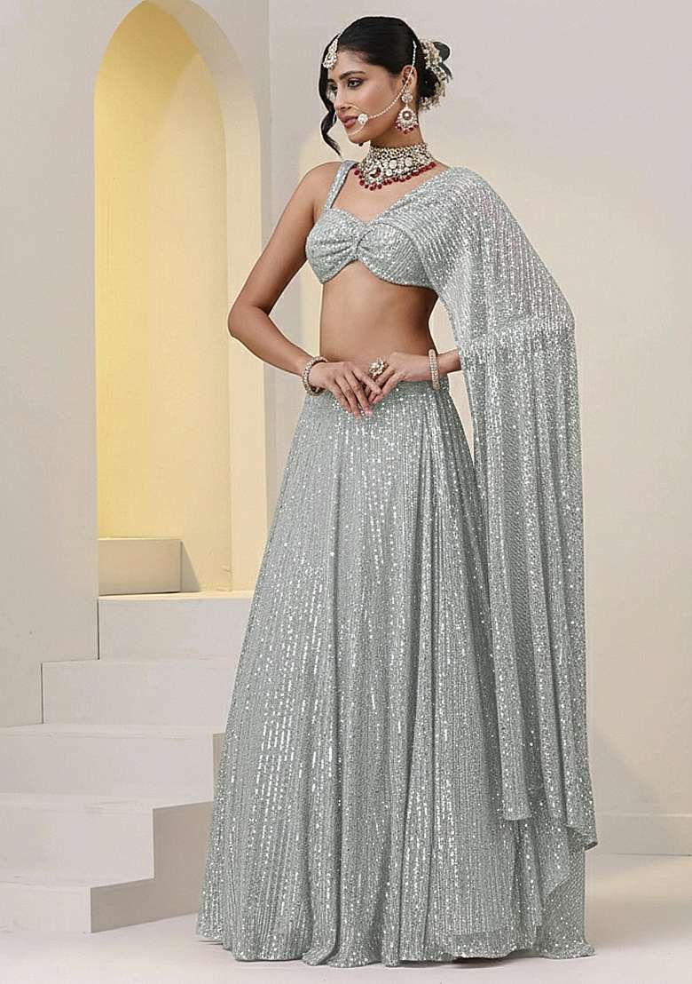 White Sequin Net Lehenga Set for Diwali and Festive Wear - Indya