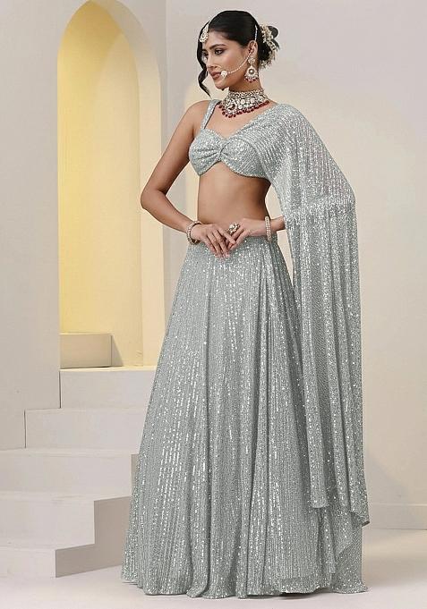 White Sequin Net Lehenga Set