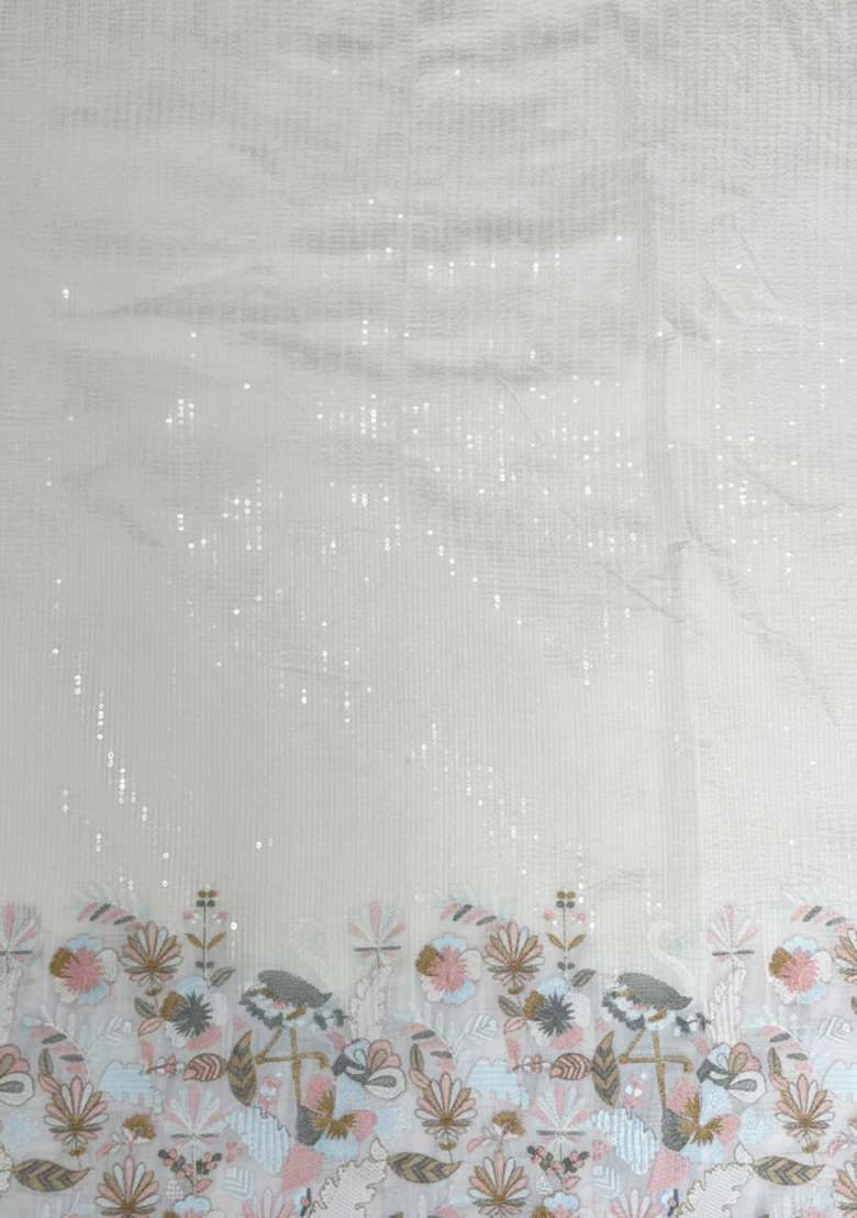 White Embroidered Silk Blend Lehenga Set - Indya