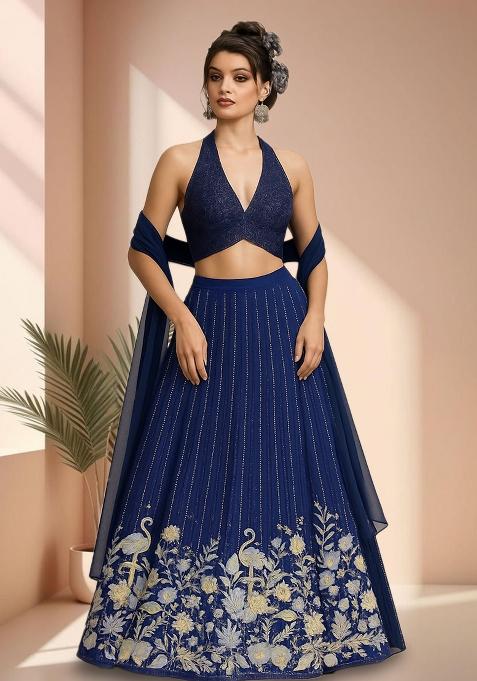 Navy Blue Embroidered Silk Lehenga Set — view on Indya