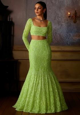 Green Embroidered Net Fusion Set