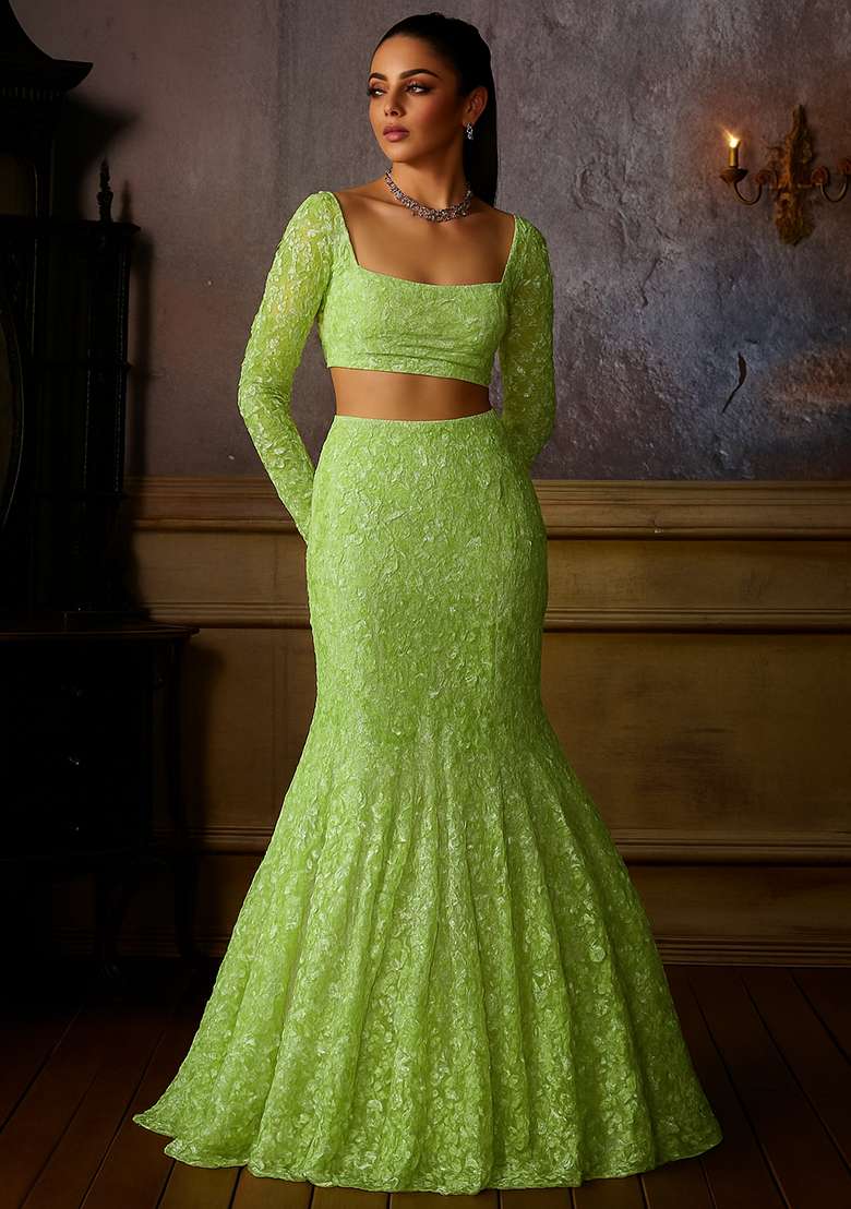 Green Embroidered Net Fusion Set - Indya