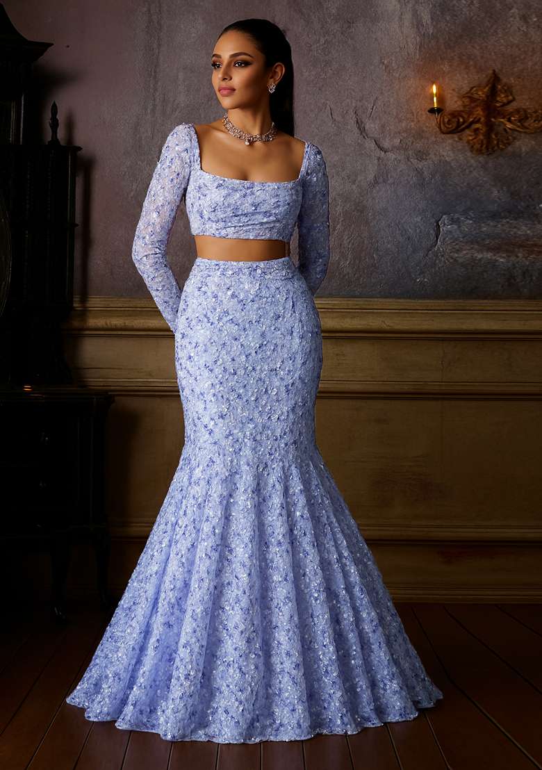 Blue Embroidered Net Fusion Set - Indya