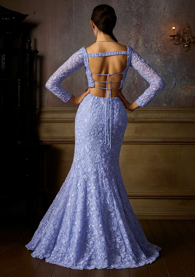 Blue Embroidered Net Fusion Set - Indya