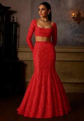 Red Embroidered Net Fusion Set