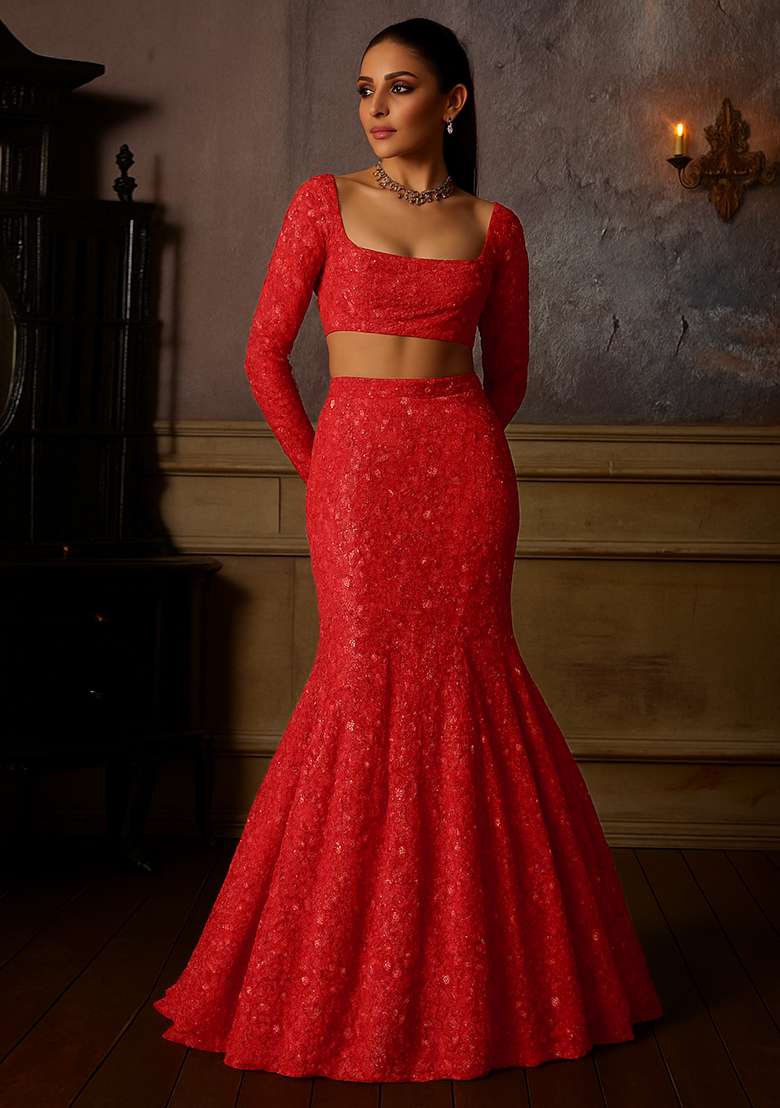 Red Embroidered Net Fusion Set - Indya