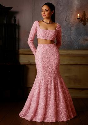 Pink Embroidered Net Fusion Set