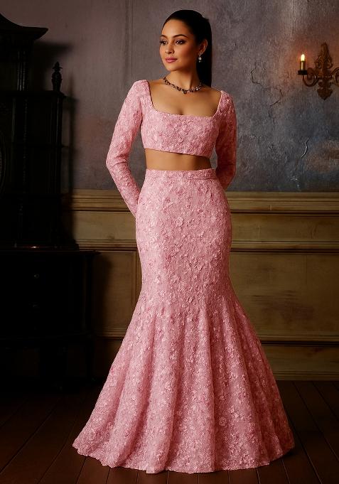 Pink Embroidered Net Fusion Set