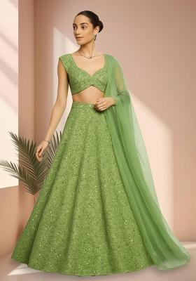 Green Embroidered Net Lehenga Set