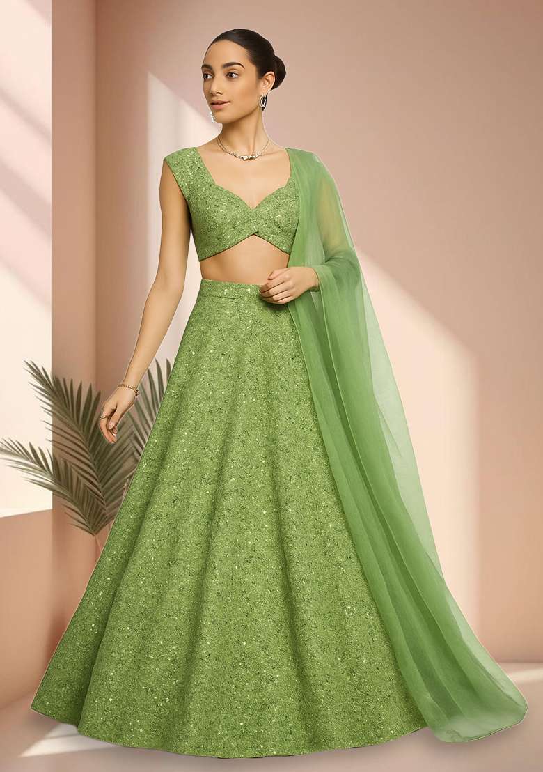 Green Embroidered Net Lehenga Set - Indya