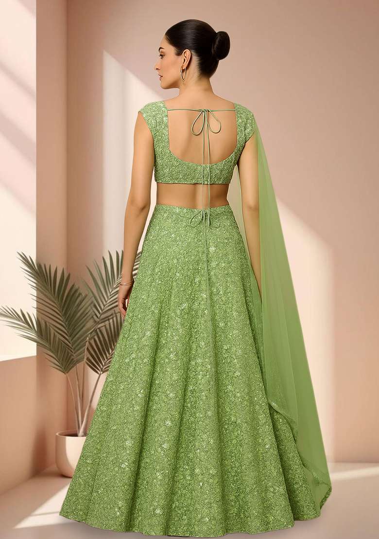Green Embroidered Net Lehenga Set - Indya