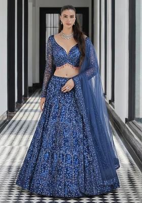 Dark Blue Embroidered Net Lehenga Set