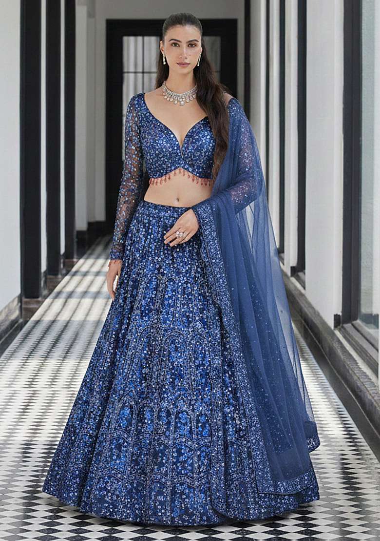 Dark Blue Embroidered Net Lehenga Set - Indya
