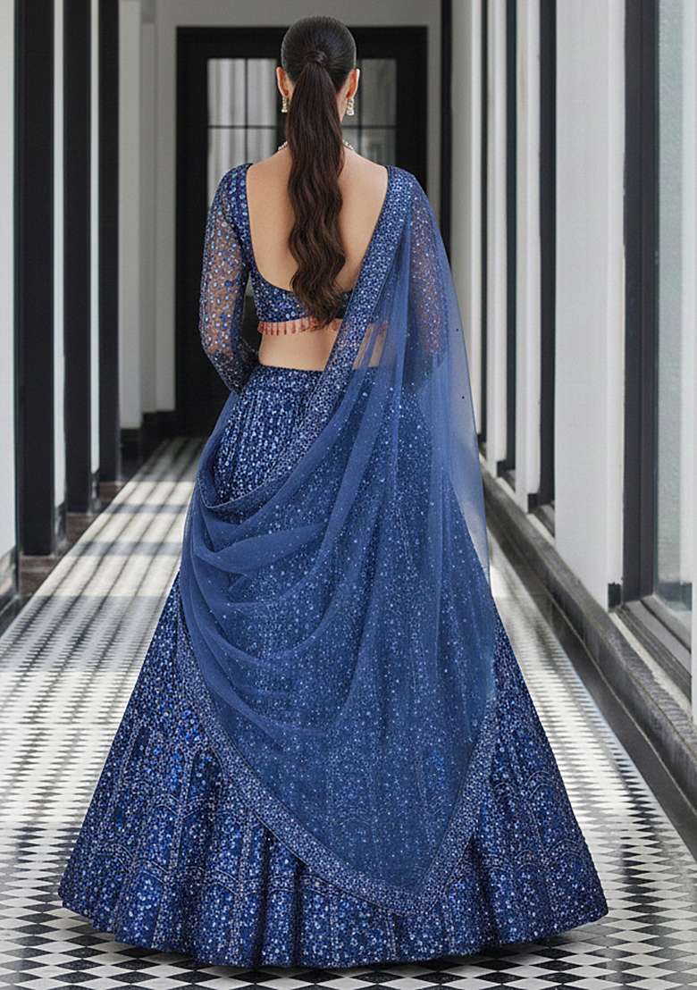 Dark Blue Embroidered Net Lehenga Set - Indya