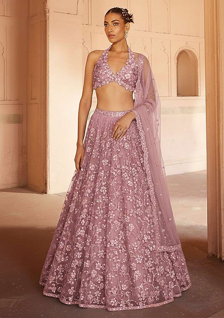 Pink Embroidered Net Lehenga Set - Indya