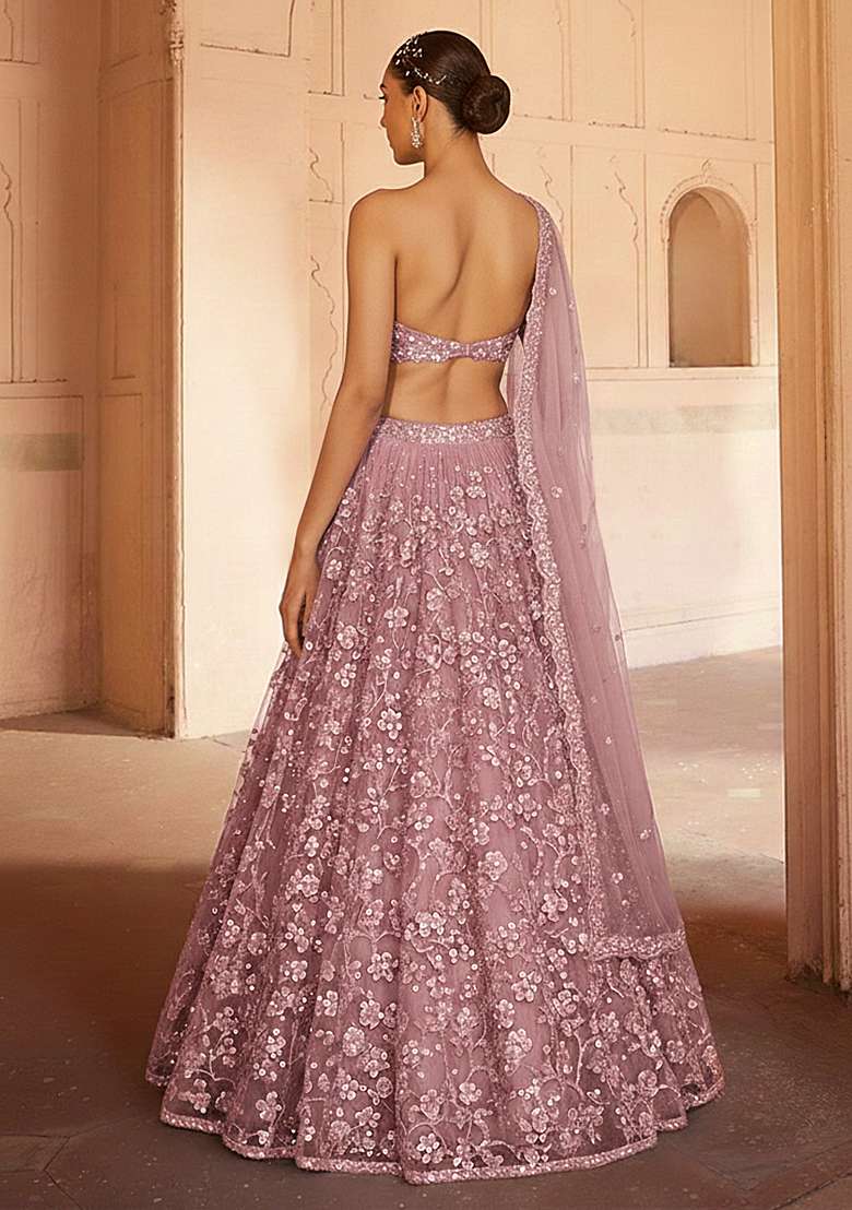 Pink Embroidered Net Lehenga Set - Indya