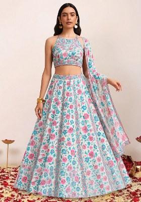 White Floral Print Silk Lehenga Set