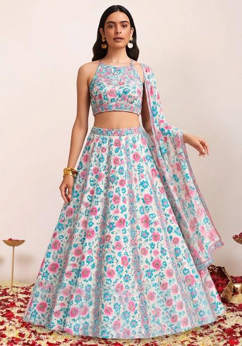 White Floral Print Silk Lehenga Set