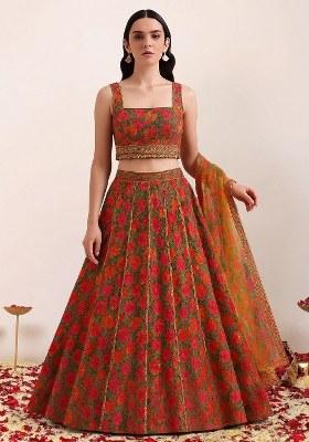 Multicolor Floral Print Silk Lehenga Set