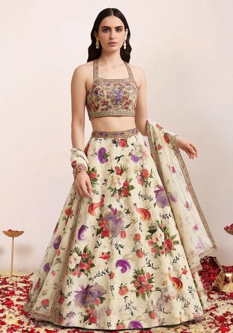 White Floral Print Lehenga Set