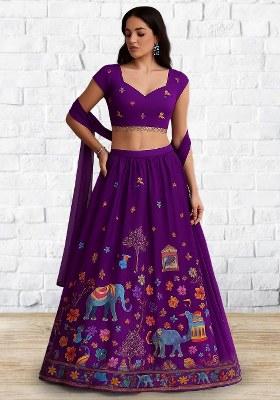 Purple Figure Print Crepe Lehenga Set