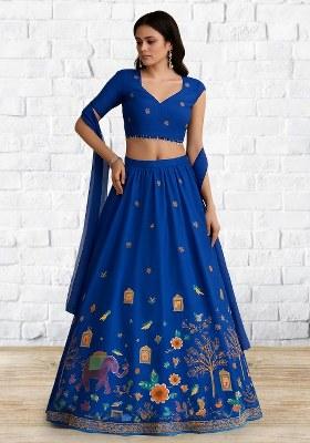 Blue Floral Print Crepe Lehenga Set