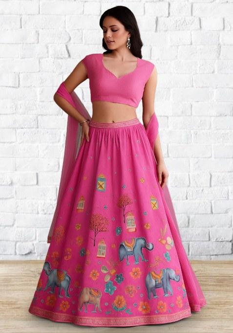 Pink Figure Print Crepe Lehenga Set
