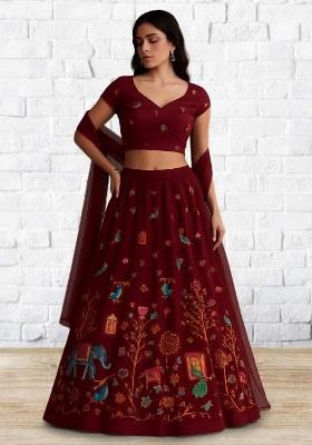 Maroon Figure Print Crepe Lehenga Set