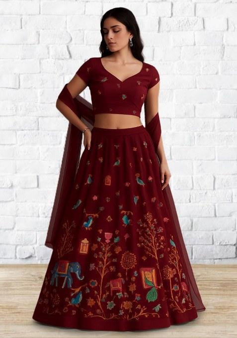 Maroon Figure Print Crepe Lehenga Set