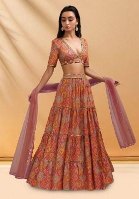 Multicolor Figure Print Crepe Lehenga Set
