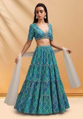 Blue Figure Print Crepe Lehenga Set