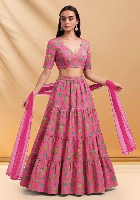Pink Floral Print Chinon Lehenga Set