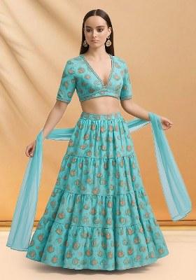 Blue Floral Print Chinon Lehenga Set