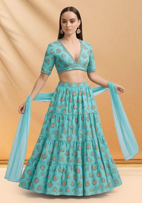 Blue Floral Print Chinon Lehenga Set